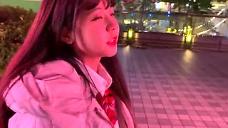 Japanese teen Ichika Nagano: Illumination night creampie, from school to hotel. Raw cock, cowgirl style, black hair. Amateur homemade porn.