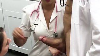 Busty nurse and patient pleasing doc during examination