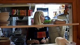 Mature French Blonde Fucked by Two Dudes in the Restaurant's Kitchen