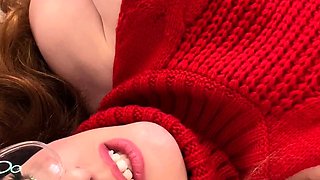 Busty curly brunette with big boobs fucks on couch