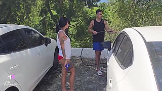 Colombian Has Sex In A Public Car Wash With A Guy With A Big Cock With Max Rose, Max Betancur And Athenea Rose