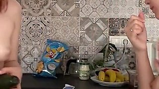 Two Teens Cooking Pasta and Salad Naked on Camera