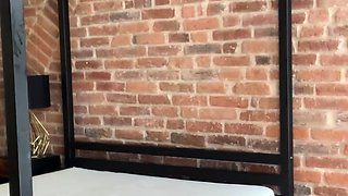 Busty curly brunette with big boobs fucks on couch