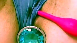 Pretty purple panties gets soaked when baby-girl thinks of sugar-daddy