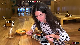 I Cum on a Girl's Face in Public Sushi Bar and She Eats Rolls with Cum on Her Face - Cumwalk