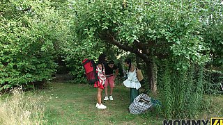 A busty mature, Valentina Sierra, gets fucked hard by a young guy in the forest.