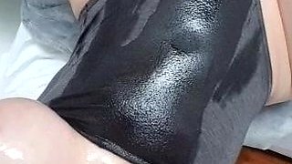 Busty curly brunette with big boobs fucks on couch
