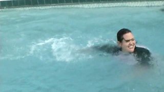 Skinny teen and thick BBW girl having fun in swimming pool