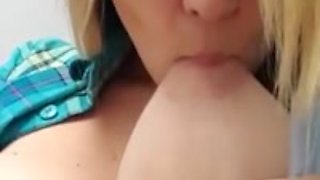Slut sucks Milk out of her Tits and rubs Pussy at Car Dealer