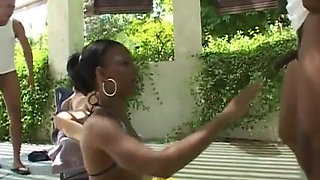 A black and a white sluts are ass fucked by two rough African studs