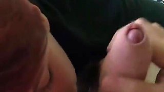 Jerk off in the morning, she helps with ball licking and cum eating