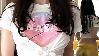 Busty curly brunette with big boobs fucks on couch