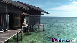 Gorgeous blond hair lady mommy posing on the sea