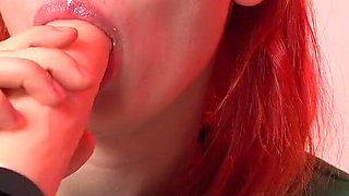 Redhead in Orange Pantyhose Sucks Dildo and Fuck Herself