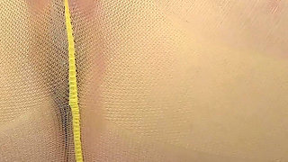 Redhead in Yellow Pantyhose Fucks Herself Until Squirt by German Dildo
