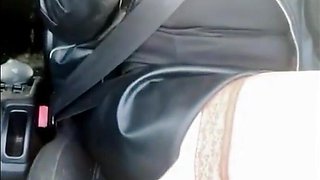 Flashing in Car at Leather Mini Skirt No Pantie