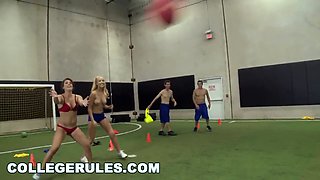 Naughty college sluts Kayleigh Nichole, Megan Matthews, and Carter Cruise get naughty in Payton Simmons' dodgeball game