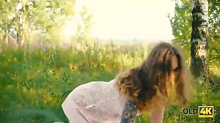 Old4k. cutie sucks older cock and gets it in her tiny snatch outdoors
