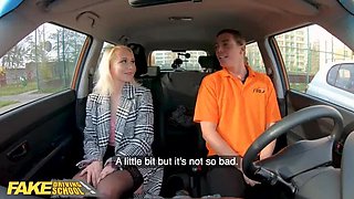 Blonde Marilyn Sugar Gets Naughty in Car with Black Stockings - Fake Driving School Fun