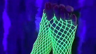 Tiny Asian Feet with Long Toes in Green Neon Fishnet