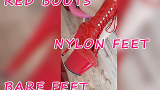 Lady Angela Red Pleaser Boots Nylon Feet and Bare Feet Foot Tattoo Pedicure MILF
