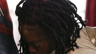 Ebony girl gets fucked by guys in deadpool and spiderman cosplays. Intense threesome!
