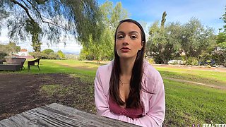 A super beautiful babe gets fucked in her pussy by a huge dick