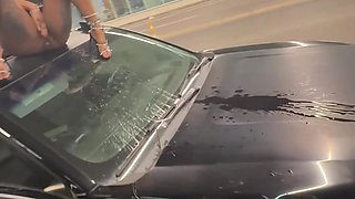 Sexy ebony slut masturbates on my car and then gets fucked in an underground parking area