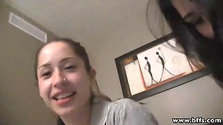 Nice young girls pajama party and one of the girls with glasses gets her pussy nailed by her acquaintance dressed in strap-on toy