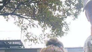 Horny slut suck cock and takes hard doggy pounding in public
