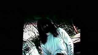 Black and white pussy licking pussy fucking in dogging position in the garden