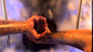 Hot blonde strokes and sucks black cock in glory hole