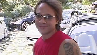 Hot busty blonde takes a big cock outdoor on the car