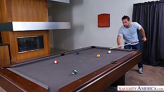 Dirty wives pub: brunette Harlow Harrison gets assfuck on the pool table in underwear & stocking