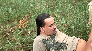 The slutty policewomen fuck in the wood