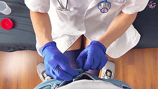 POV CFNM handjob only: nurse in surgical gloves is helping a hard to cum patient obtain a sperm sample for analysis