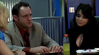 Busty brunette and blonde seduce their coworker into having an anal threesome in the office