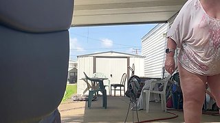Watering Flowers Flashing Tits and Ass