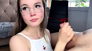 Nerdy young babe sucks and fucks cock