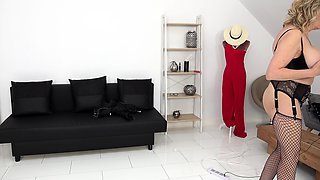 Non stop blonde with big boobs cock jerks off on the bed