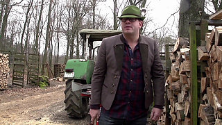 Brunette milf in a costume of a witch just been caught and fucked in the ass from a forest keeper