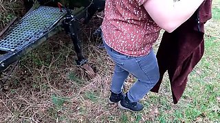 Busty Outdoor BDSM: Public Humiliation & Spanking Next to Hunting Stand