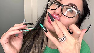 Finger Snapping and Sucking Fingers with Green Long Nails, Long Hair, Glasses and Face