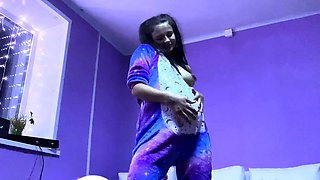 Small titted brunette Sharron with glasses masturbates