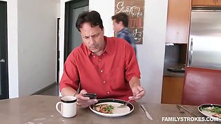 Flawless cougar step-mom with Big Boobs gets fucked by her stepson in the kitchen while grandpa is licking