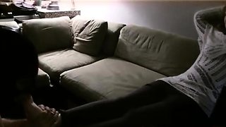 Light femdom and foot fetish play with brunette