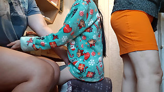 My girlfriend and I are mutually masturbating in the kitchen while our housekeeper is preparing breakfast