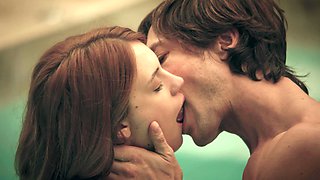 Two beautiful girls have fun with Jean Val Jean by the pool in a sensual scene.