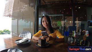 Cute Thai teenage eats cake and rides knob