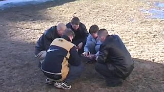 Slutty blonde girl gets gang banged by a group of guys